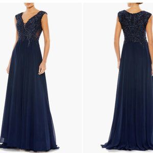 MAC DUGGAL 20264 APPLIQUED CAP SLEEVE EMBELLISHED BODICE NAVY FLOWY GOWN sz 16